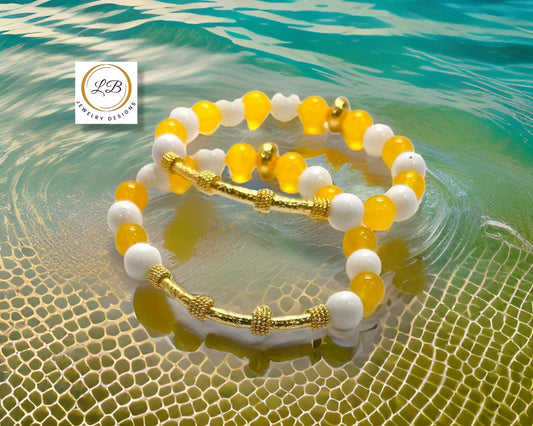 Lemon Quartz & White Alabaster Gold Bali Bracelet