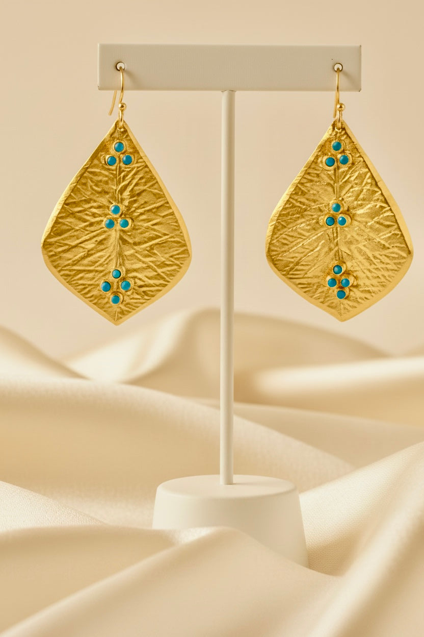 Capri One-of-a-Kind Hammered Gold Leaf & Sleeping Beauty Turquoise Sculptural Drop Earrings