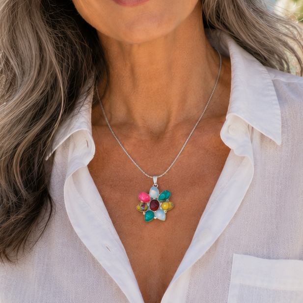 Montecito Riviera Blossom Pendant Necklace – Sterling Silver Multi-Gemstone Statement Necklace