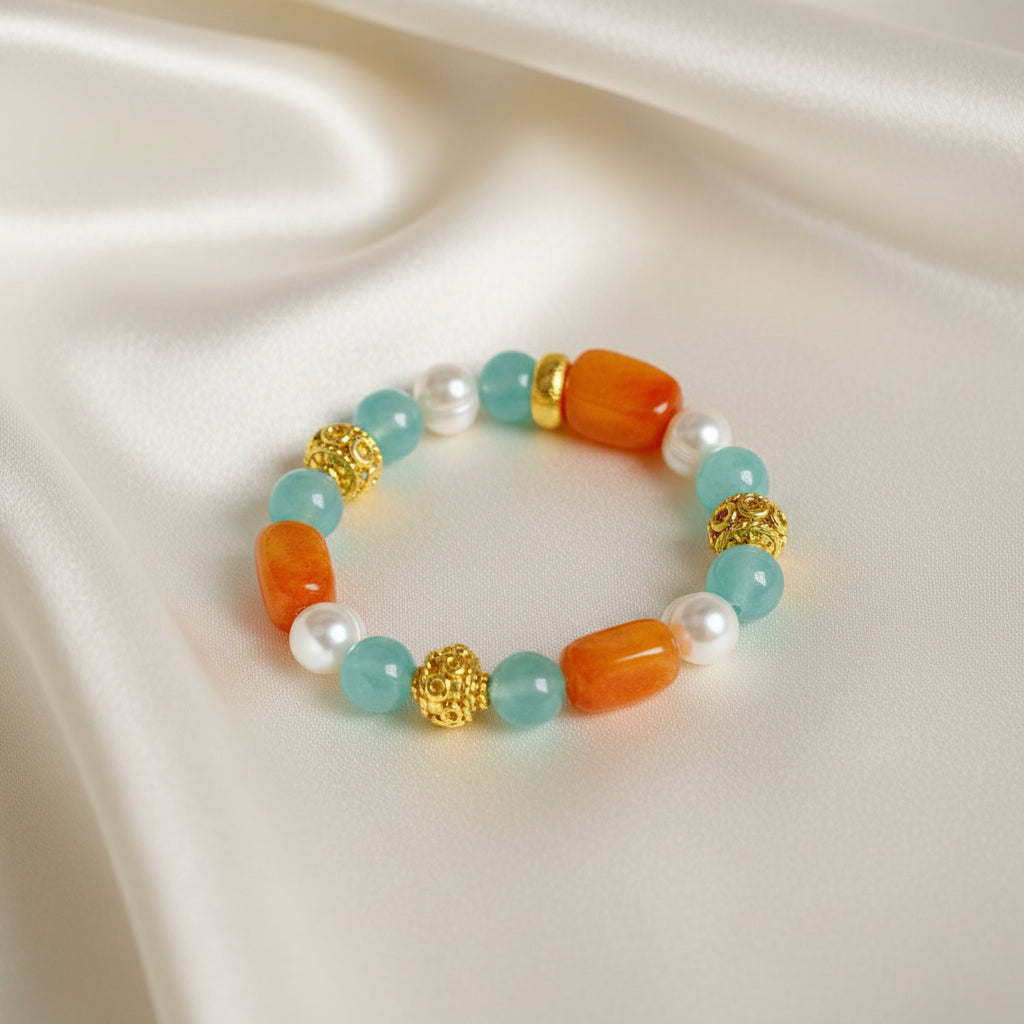 Amalfi Aquamarine, Carnelian & Pearl Bracelet - Coastal Luxury Stretch Bracelet