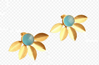 Leaf Design 18k Brushed Gold Vermeil Chalcedony Gemstone Studs 1.5”