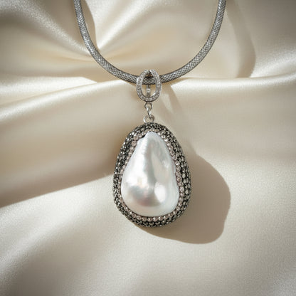 Montecito Noir Mother of Pearl & Marcasite Jewelry Set – Coastal Luxury Necklace, Earrings & Bracelet