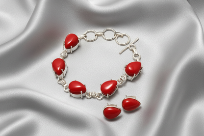 Capri Red Coral Jewelry Set – Statement Bracelet & Stud Earrings in Sterling Silver