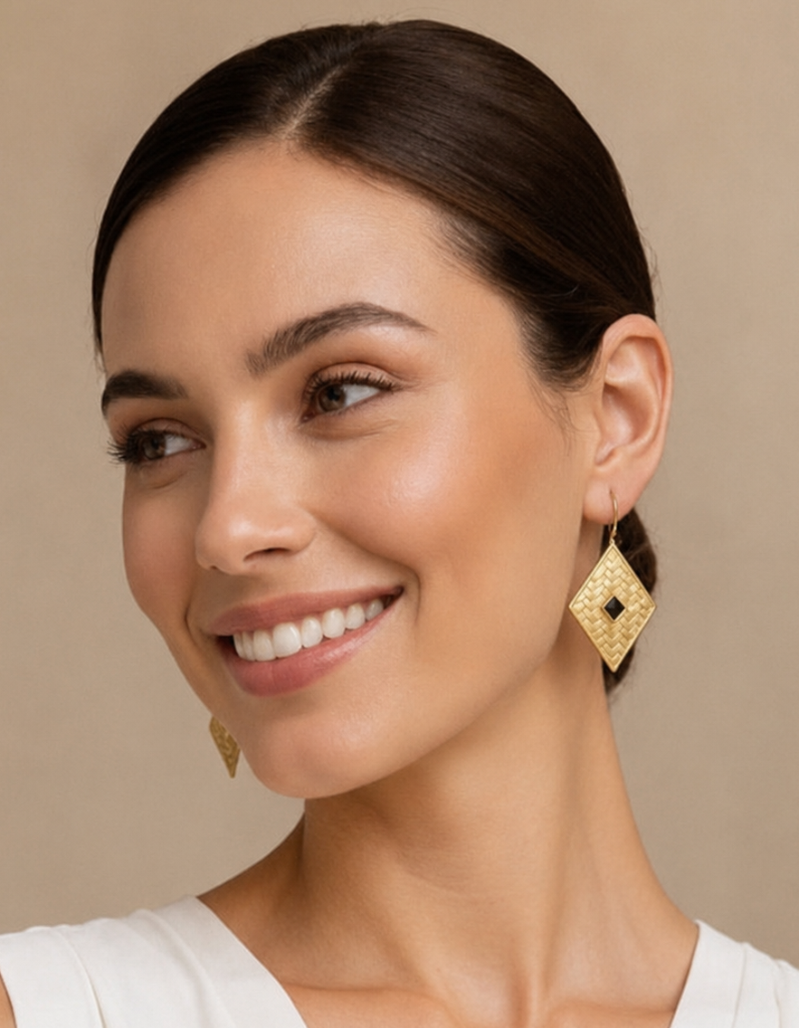 Capri Noir Black Onyx Basket Weave Gold Vermeil Statement Earrings