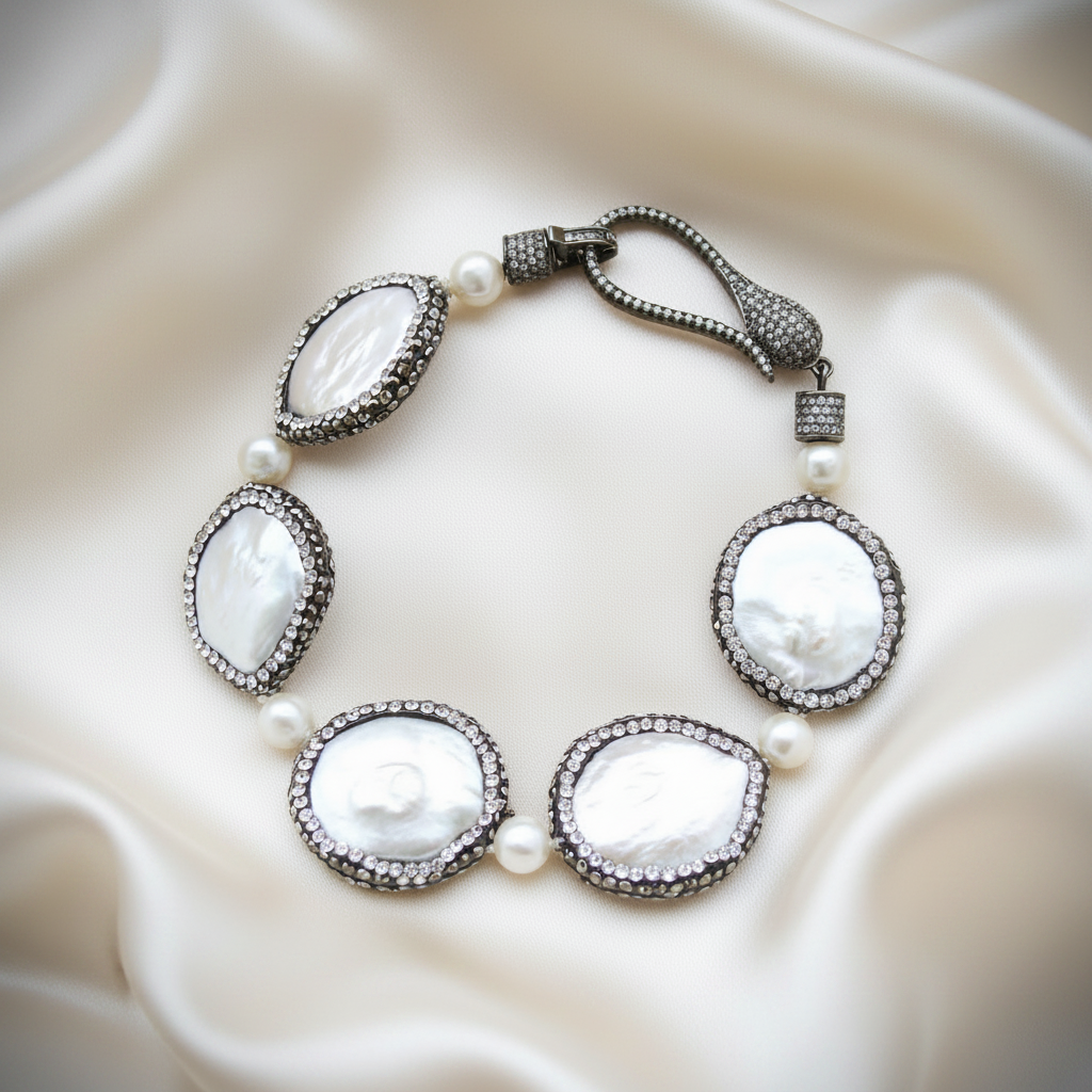 Montecito Noir Mother of Pearl & Marcasite Jewelry Set – Coastal Luxury Necklace, Earrings & Bracelet