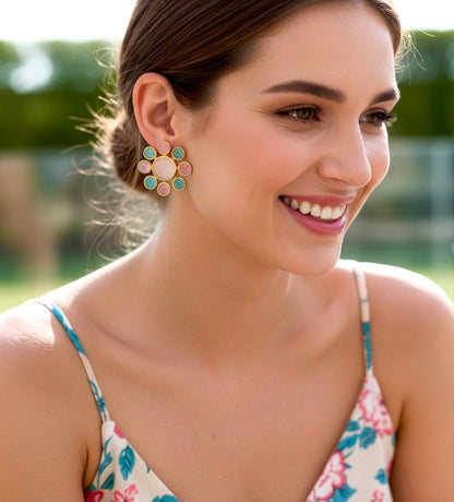 Pink, Aqua & White Gemstone Earrings 1”