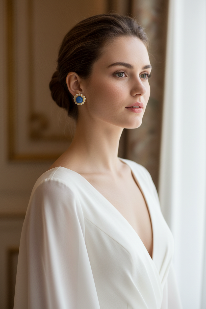 Light Blue Chalcedony Gemstone Gold Stud Earrings 1”