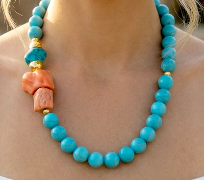 Capri Asymmetrical Turquoise & Coral Statement Necklace: Luxury Resort Jewelry - One-of-a-Kind