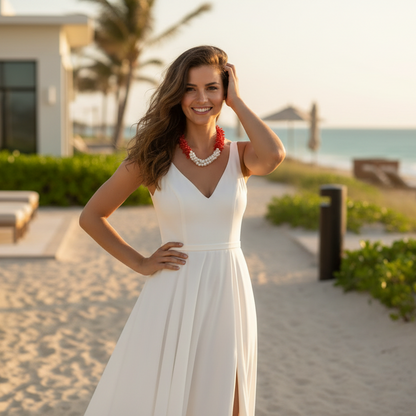 Ibiza Red Coral & Freshwater Pearl Triple-Strand Necklace - Luxury Coastal Statement Jewelry