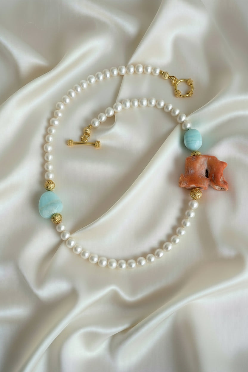 Montecito Coral, Blue Opal & Freshwater Pearl Resort Statement Necklace | One-of-a-Kind Coastal Luxury