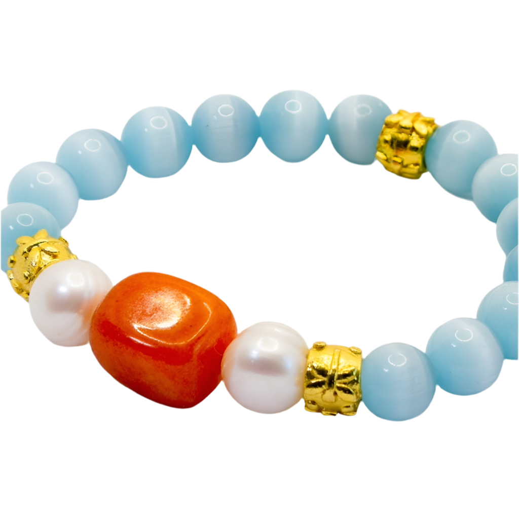 Amalfi Aquamarine,  Carnelian & Pearl Stretch Bracelet