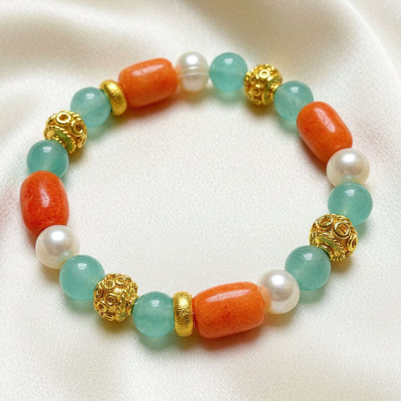 Amalfi Aquamarine, Carnelian & Pearl Bracelet - Coastal Luxury Stretch Bracelet