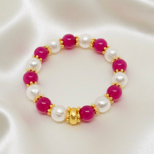 Rose Ruby Quartz & Baroque Pearl Gemstone Gold Beaded Bracelet