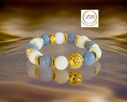 Blue Angelite & White Alabaster Gold Bali Bracelet