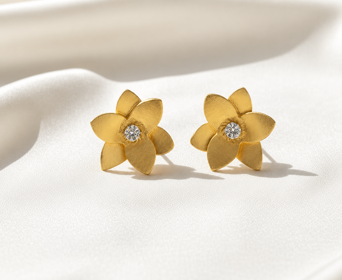 Montecito White Topaz Brushed Gold Plumeria Stud Earrings