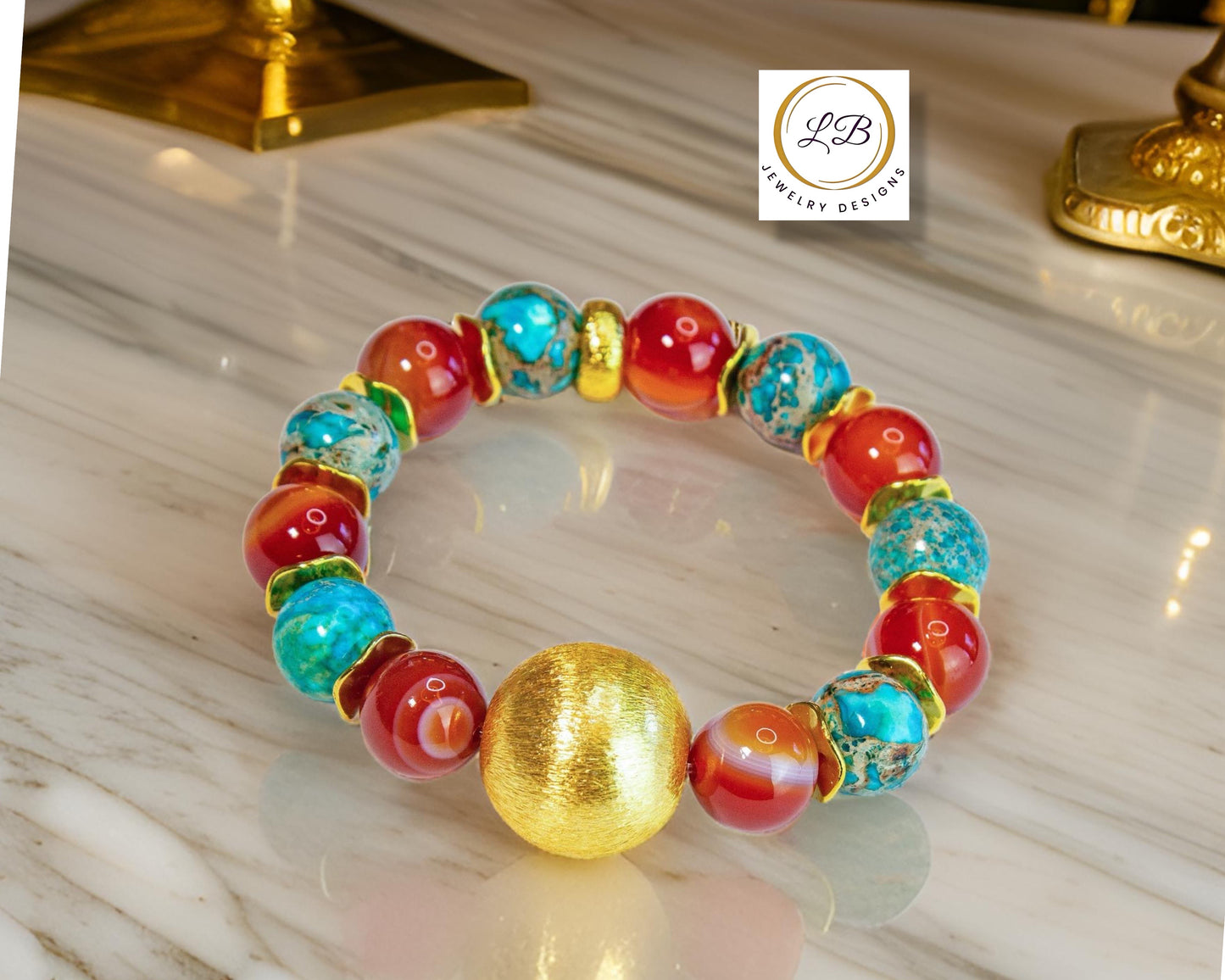 Orange Carnelian & Turquoise Gold Bracelet