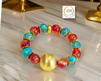 Orange Carnelian & Turquoise Gold Bracelet