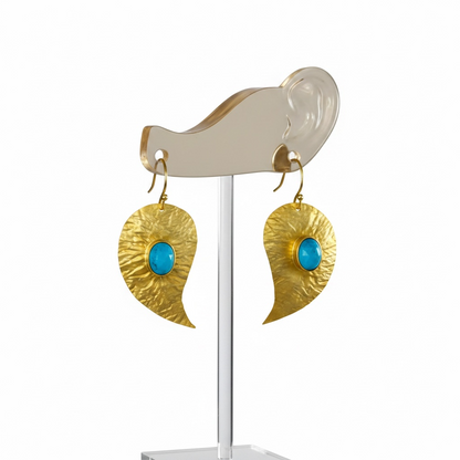 Capri Turquoise Hammered 22k Gold Vermeil Leaf Drop Earrings