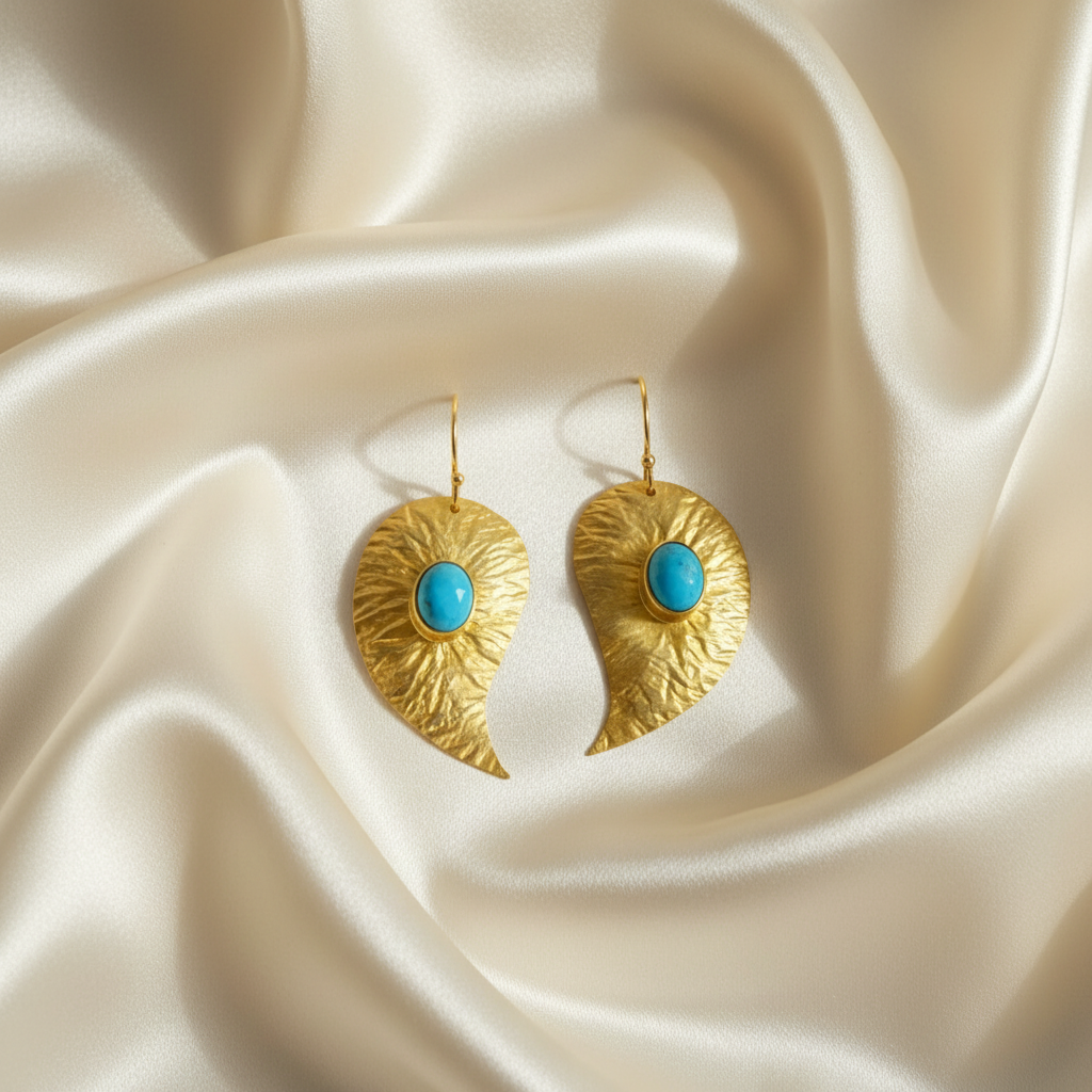Capri Turquoise Hammered 22k Gold Vermeil Leaf Drop Earrings