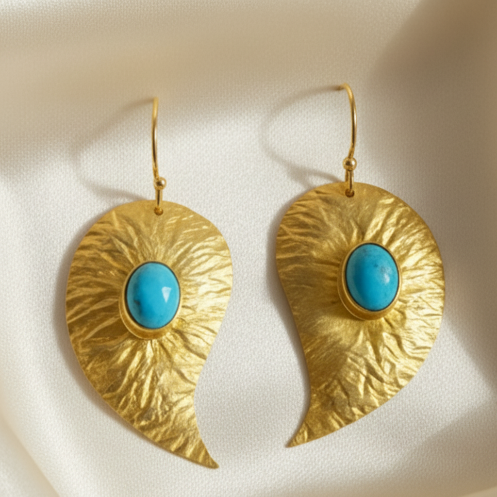 Capri One-of-a-Kind Hammered Gold Leaf & Sleeping Beauty Turquoise Sculptural Drop Earrings