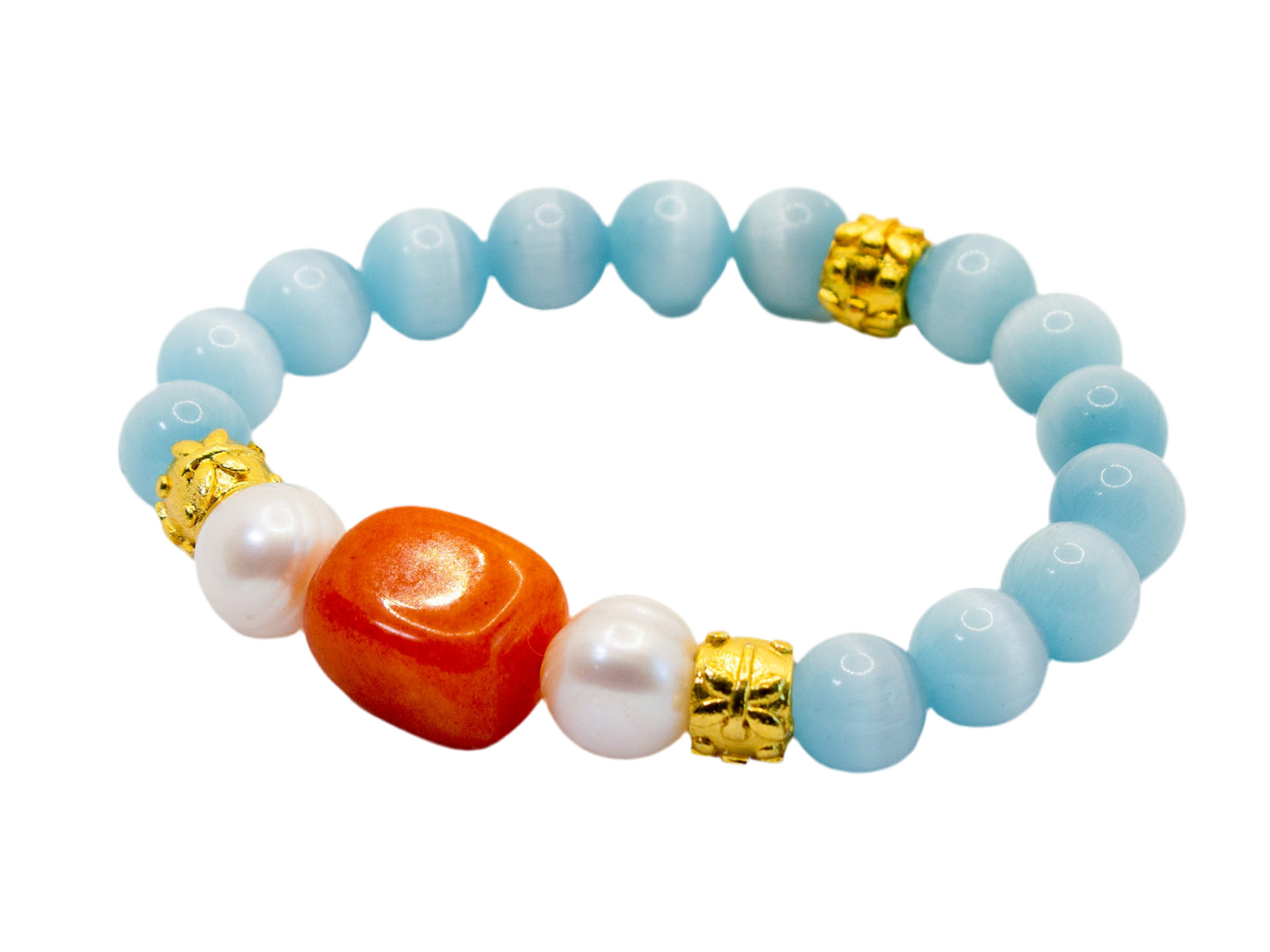 Capri Blue Cat’s Eye, Carnelian & Freshwater Pearl Bracelet