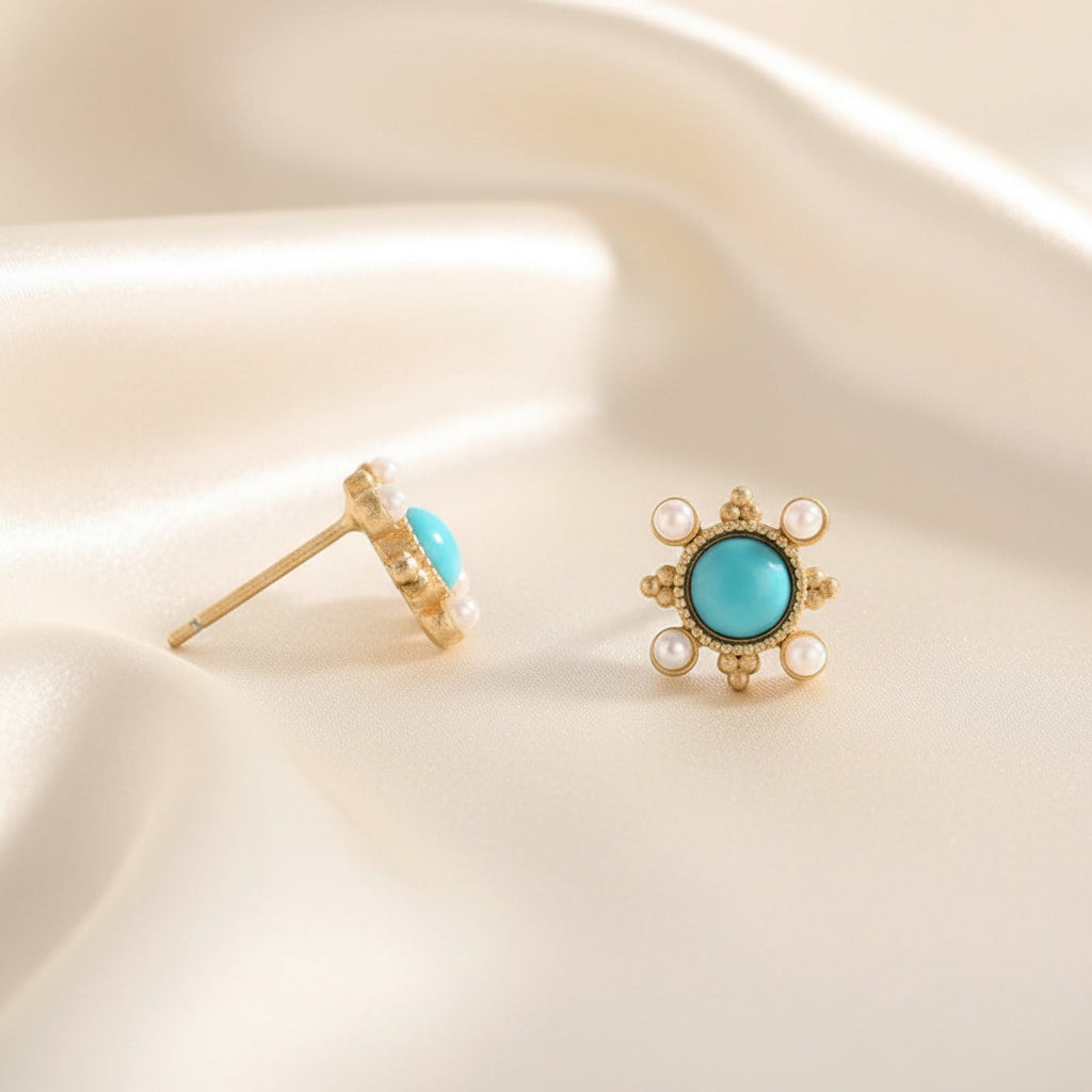 Capri Petite Sleeping Beauty Turquoise, Freshwater Pearl & Gold Vermeil Stud Earrings