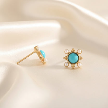 Capri Petite Sleeping Beauty Turquoise, Freshwater Pearl & Gold Vermeil Stud Earrings