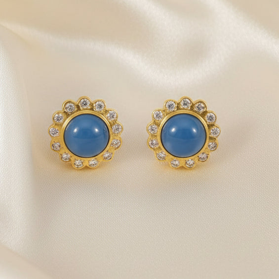 Light Blue Chalcedony Gold Stud Earrings 1”