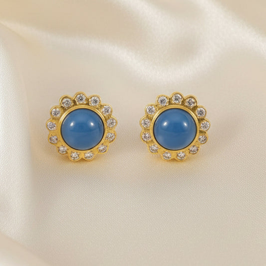 Light Blue Chalcedony Gold Stud Earrings 1”