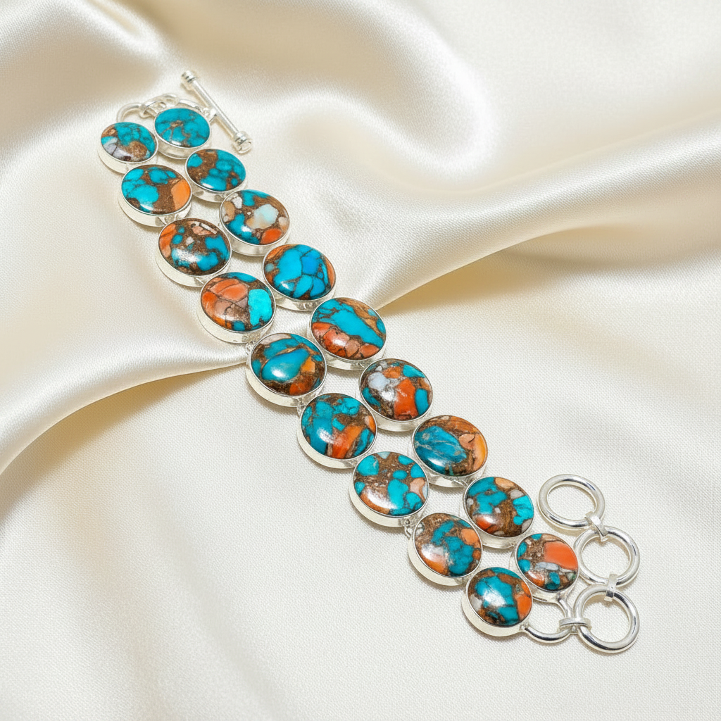 One-of-a-Kind Montecito Spiny Oyster, Copper & Turquoise Statement Bracelet in Sterling Silver