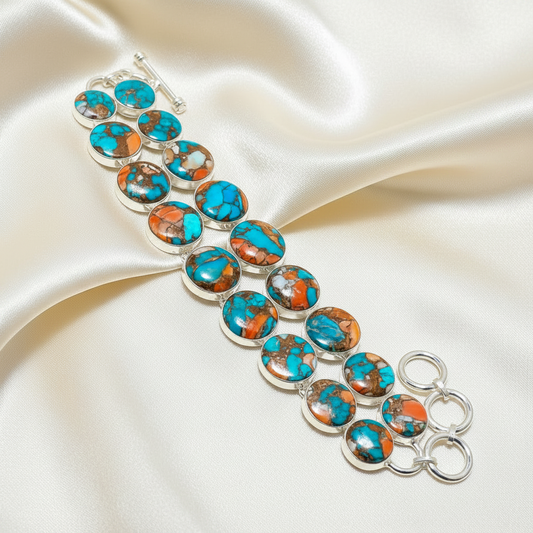 One-of-a-Kind Montecito Spiny Oyster, Copper & Turquoise Statement Bracelet in Sterling Silver