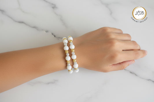 White Alabaster Mixed Metal Bracelet Stack - Gold & Silver Luxury Layering Bracelets