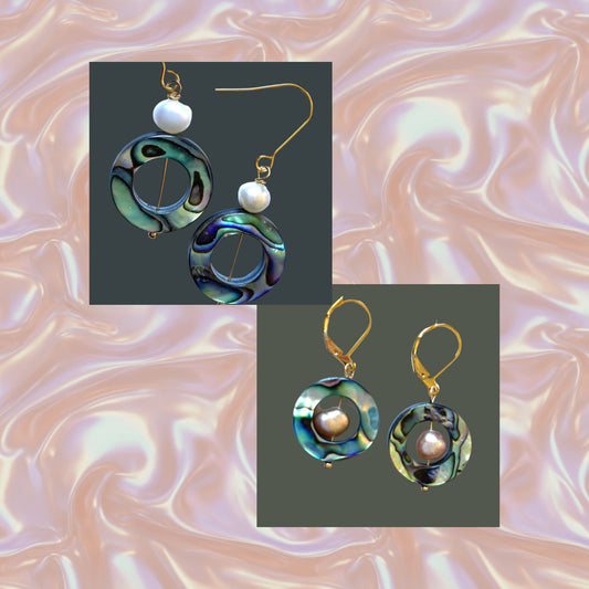 Iridescent Abalone and Baroque Pearl Gold Earrings