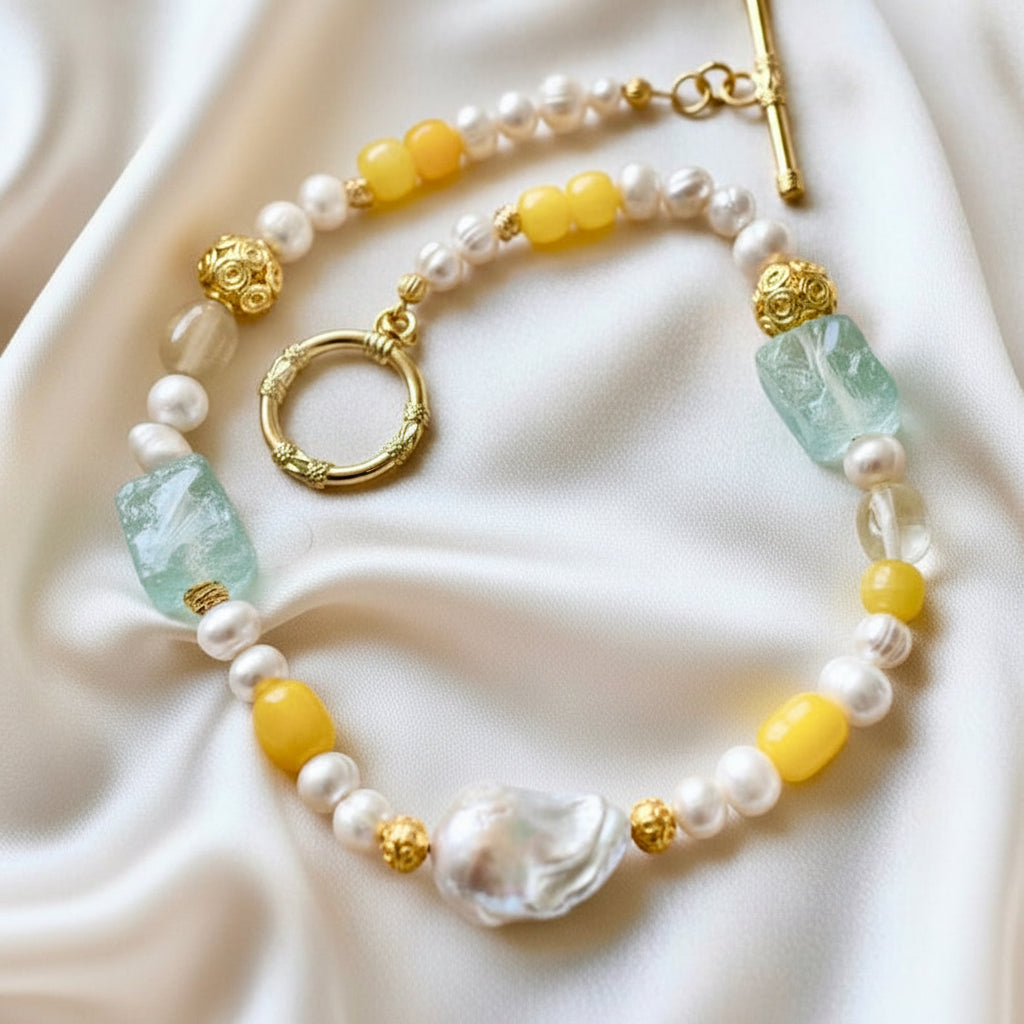 Amalfi Sea Glass, Lemon Quartz & Baroque Pearl Statement Necklace