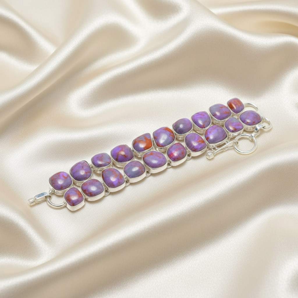 Capri Purple Copper Turquoise Double Row Sterling Silver Statement Bracelet