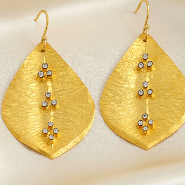 Capri Hammered Gold Leaf & White Topaz Sculptural Statement Earrings | Limited Edition