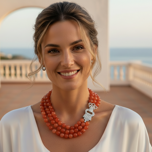 Capri Carnelian Triple-Strand Statement Necklace – AAAA Natural Red Carnelian & Pavé Silver Clasp Luxury Resort Jewelry