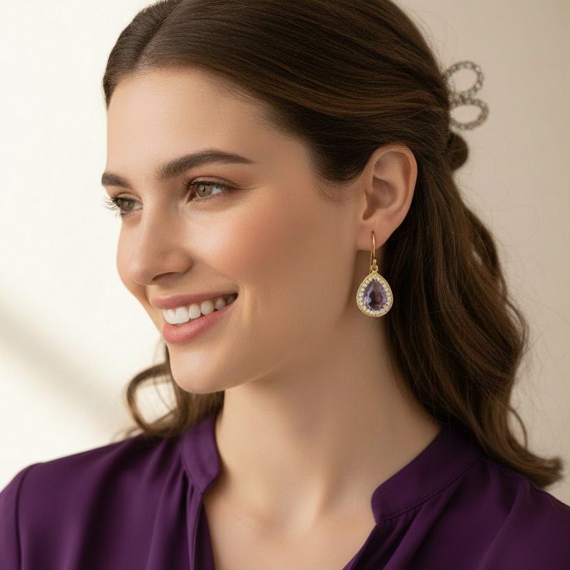 Purple Amethyst & White Topaz Gemstone Earrings 1”