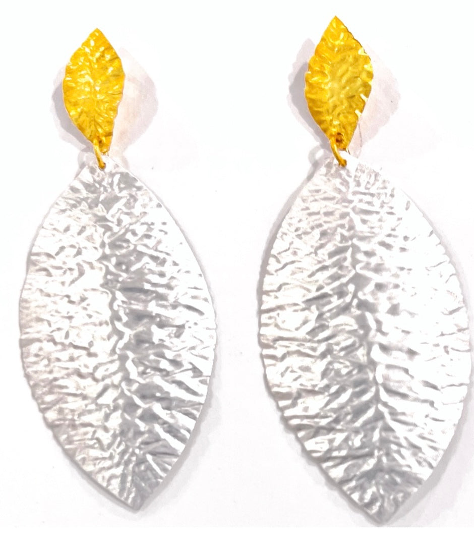 Two-Tone Silver and Rose Gold Hammered Dangle Earrings 2”