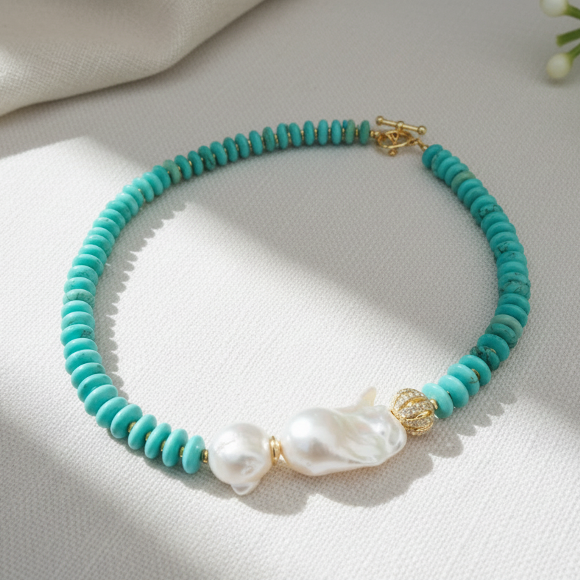 Turquoise and Keshi Pearl Statement Necklace - Gold Vermeil Coastal Luxury Necklace