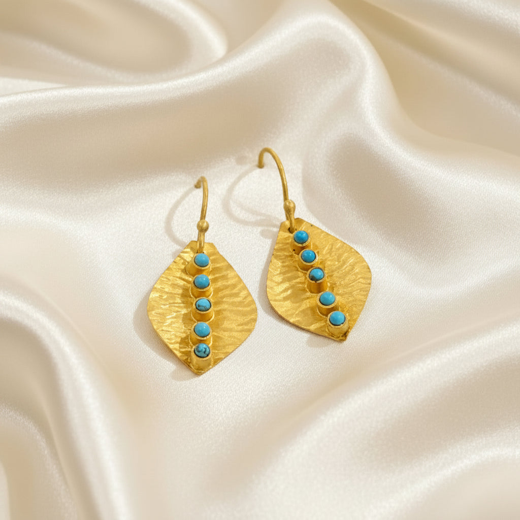 Petite 22k Gold Leaf Hammered Turquoise Earrings 1.0”