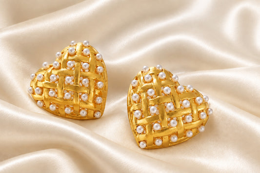 Heart-Shaped Pearl and Gold Stud Earrings