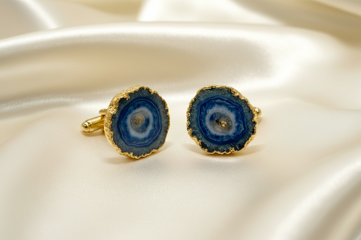 Montecito Midnight Blue Geode Agate Gold Cufflinks | One-of-a-Kind Luxury Men’s Cufflinks