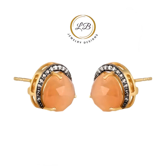 Crescent Moon Peach Moonstone Gold Stud Earrings