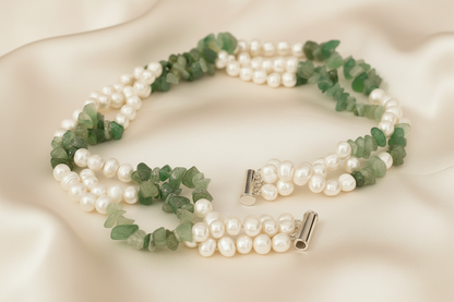 Capri Freshwater Pearl & Green Aventurine Triple Strand Necklace – Luxury Coastal Statement Jewelry
