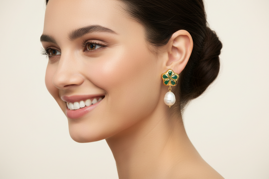 Jade & Freshwater Pearls Drop Earrings - Red or Green Jade