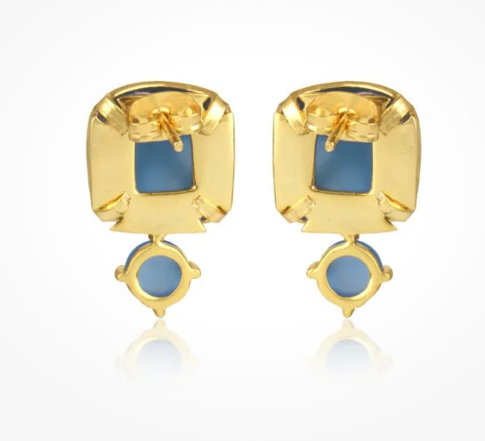 Blue Chalcedony Gemstone Gold Stud Earrings 1”