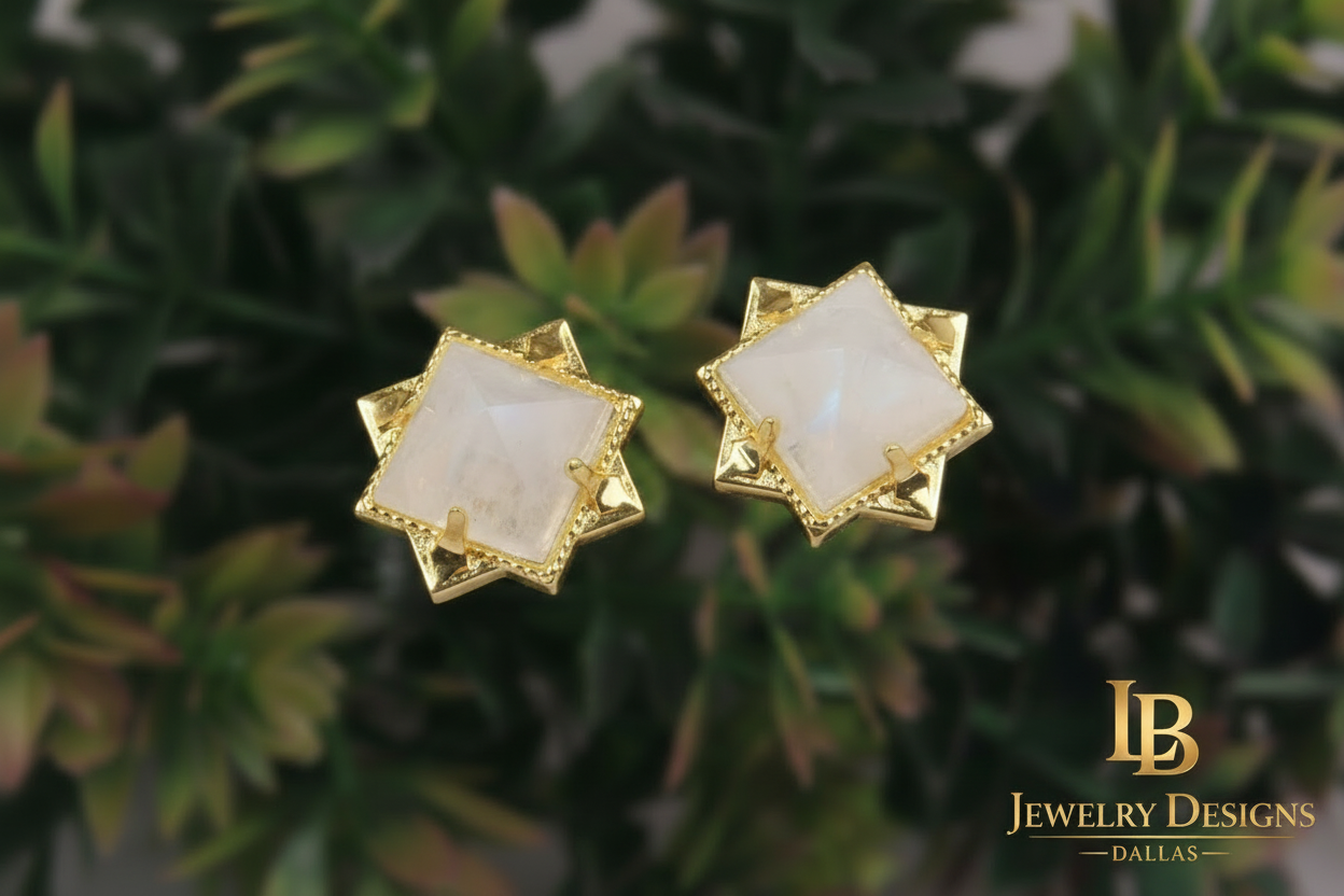 White Moonstone Chalcedony Pyramid Stud Earrings - 24k Gold Vermeil