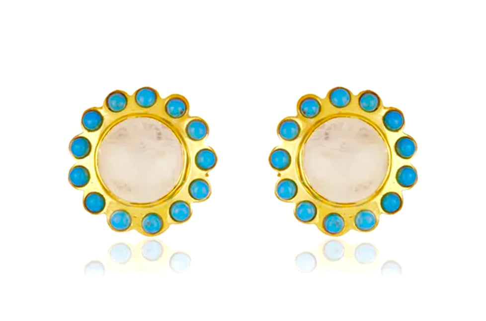 Capri Moonstone & Turquoise Halo Gold Vermeil Stud Earrings | Coastal Luxury Jewelry