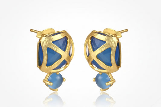 Blue Chalcedony Gemstone Gold Stud Earrings 1”